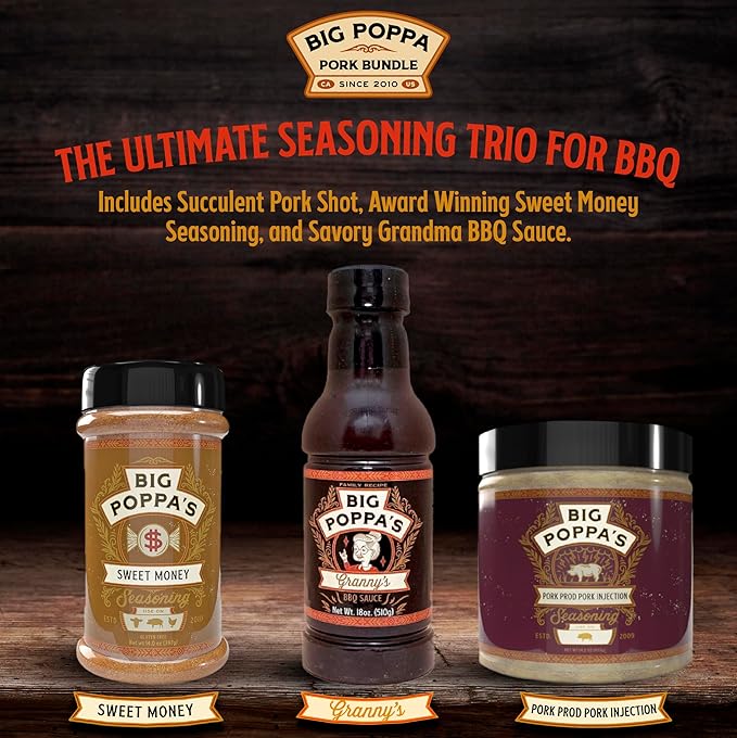Big Poppa’s Pork BBQ Bundle Flavor System – Pork Injection Sweet Rub and Classic BBQ Sauce Kit for Ribs Pork Butt and Brisket – Balanced Pitmaster-Style Results for Home Smokers – 3-Pack Bundle