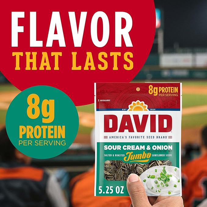 DAVID SEEDS Sour Cream &amp Onion Jumbo Sunflower Seeds Keto Friendly 5.25-oz. Resealable Bag (Pack of 12)