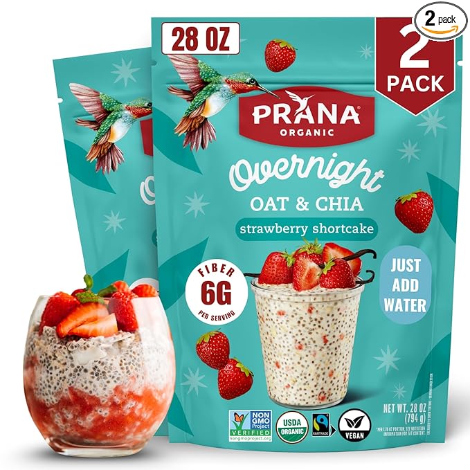 Prana Organic Overnight Chia with Oats Strawberry Shortcake | 28 oz Bags - 2 Pack | Rich in Fiber &amp Protein Vegan Non-GMO | Ready to Eat Breakfast