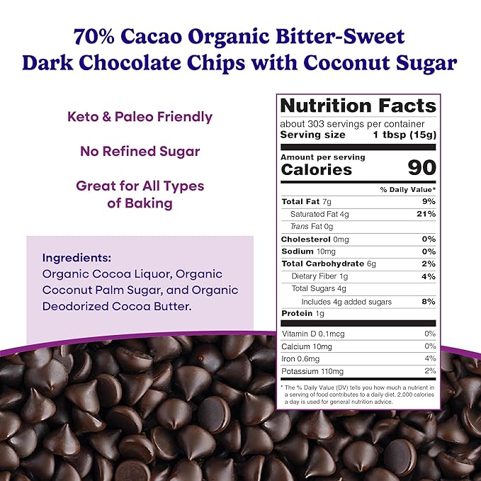 Pascha Organic 70% Cacao Baking Chips - Bittersweet Dark Chocolate with Coconut Sugar - Vegan Non-GMO Rainforest Alliance Certified - Allergen-Free (Pack of 8)