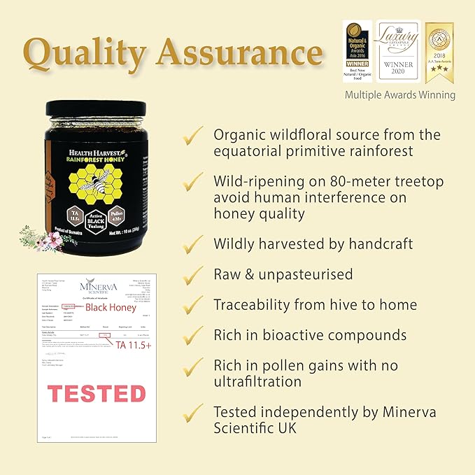 Tualang Black Honey 10oz (TA 11.5+ Pollen Count 4.0M+ Pollen Variety 100+) Intense Choice for Women Preservation Wild-ripening on 250ft Treetop Raw Unpasteurised Unfiltered