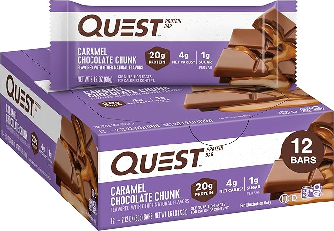 Quest Nutrition Caramel Chocolate Chunk Protein Bar 20g Protein 1g Sugar 4g Net Carbs Gluten Free Keto Friendly 12 Count