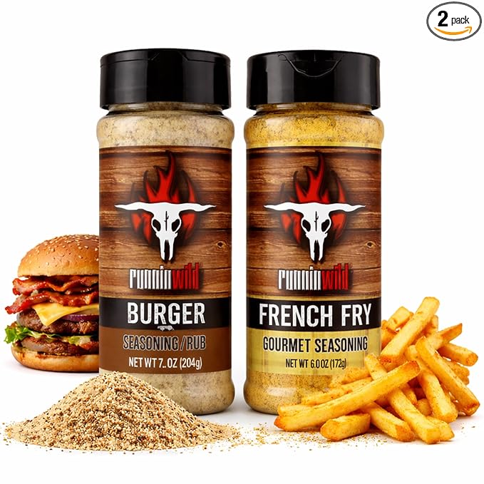 Burger &amp French Fry Seasoning Pack | No Artificial Flavors No MSG added | Gourmet Seasoning for Hamburgers and Fries | Runnin' Wild Foods 13.2 Ounces Total (Pack of 2)