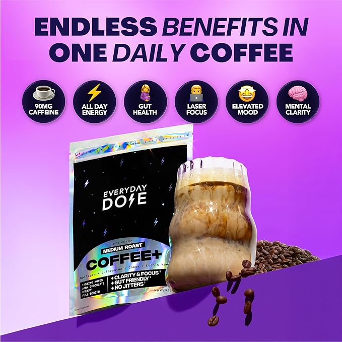 Everyday Dose Bold Medium Roast Mushroom Coffee 90mg Caffeine per serving with Grass-Fed Collagen Chaga Lions Mane &amp L-Theanine for Better Focus Energy Digestion Skin and Immunity 30 Serving