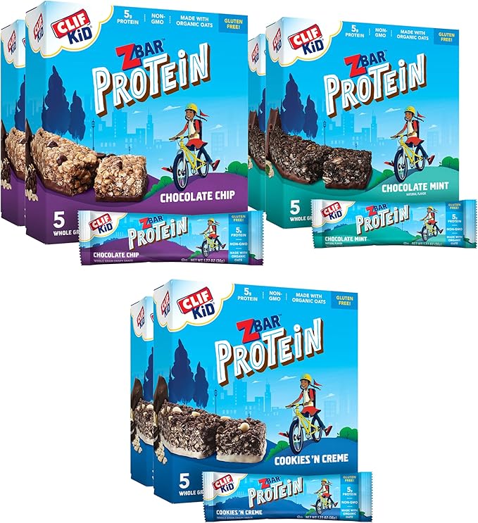CLIFF Kid Zbar Protein Chocolate Chip Chocolate Mint &amp Cookies 'n Creme Bars Value Pack (30 Count) + CLIFF Kid Zbar Chocolate Chip Bars (18 Pack)