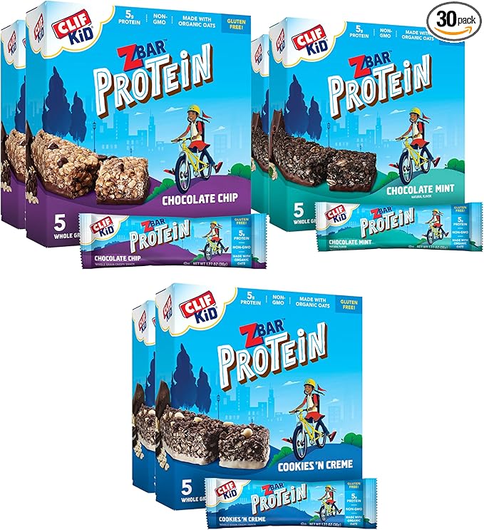 CLIF Kid Zbar Protein Bars - Chocolate Chip Chocolate Mint Cookies 'n Creme - 30 Count Pack with 5g Protein per Bar
