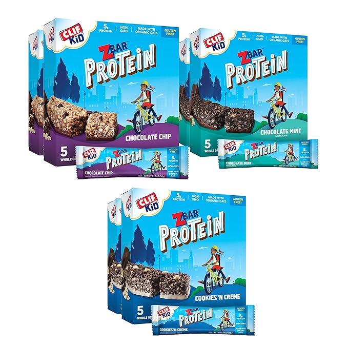 CLIF Kid Zbar Protein Chocolate Chip Chocolate Mint &amp Cookies 'n Creme Value Pack with Zbar Chocolate Brownie - 48 Count