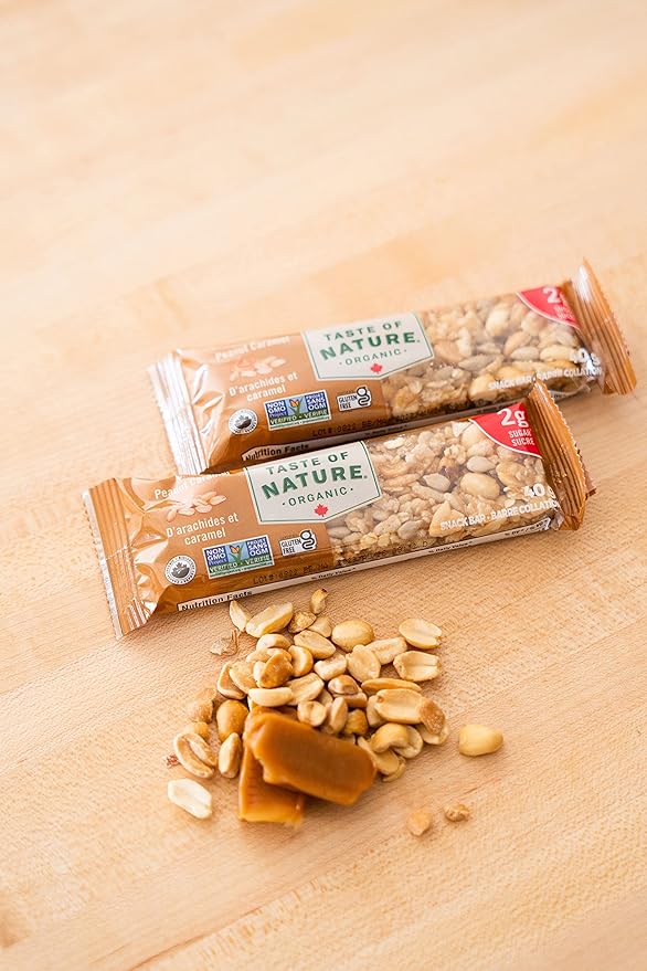 Taste of Nature - Organic 2g Sugar Peanut Caramel - Low Sugar Snack and Breakfast Bar High Fiber Energy Bar - 16 Count Snack Pack