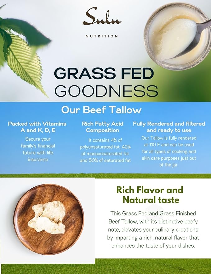 100% Pure Fully Rendered Grass Fed Grass Finished Beef Tallow- (4 lbs)