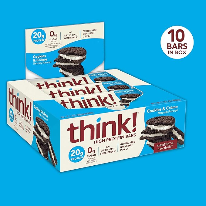 think! Protein Bars High Protein Snacks Gluten Free Sugar Free Energy Bar with Whey Protein Isolate Cookies and Crème Nutrition Bars without Artificial Sweeteners 2.1 Oz (10 Count) (Pack of 5)