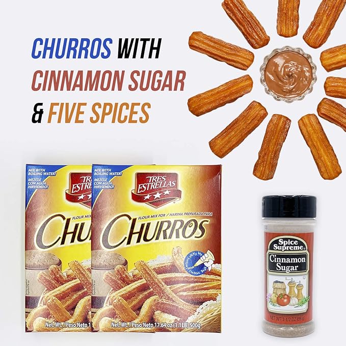 Tres Estrellas Churros Mix with Spice Supreme Cinnamon Sugar 3 Pc. Bundle Authentic Mexican Batter Powder for Crunchy Donut Sticks Easy to Blend