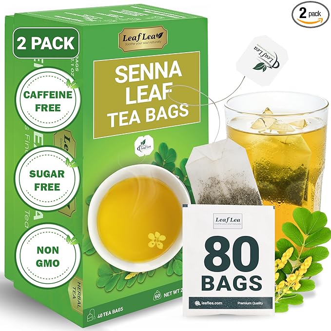 LeafLea 80 Senna Leaf Tea Bags – Natural Herbal Laxative Tea Supports Gentle Constipation Relief &amp Healthy Digestion Caffeine-Free Sugar-Free No Gluten Non-GMO Vegan Individually Wrapped