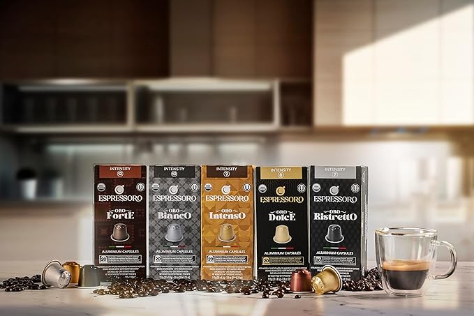 ESPRESSORO 20 USDA Organic Espresso Pods - DOLCE Aluminum Capsule Compatible with Nespresso Original Lines Machines. Intensity 8 Premium Italian Expresso Coffee Capsules