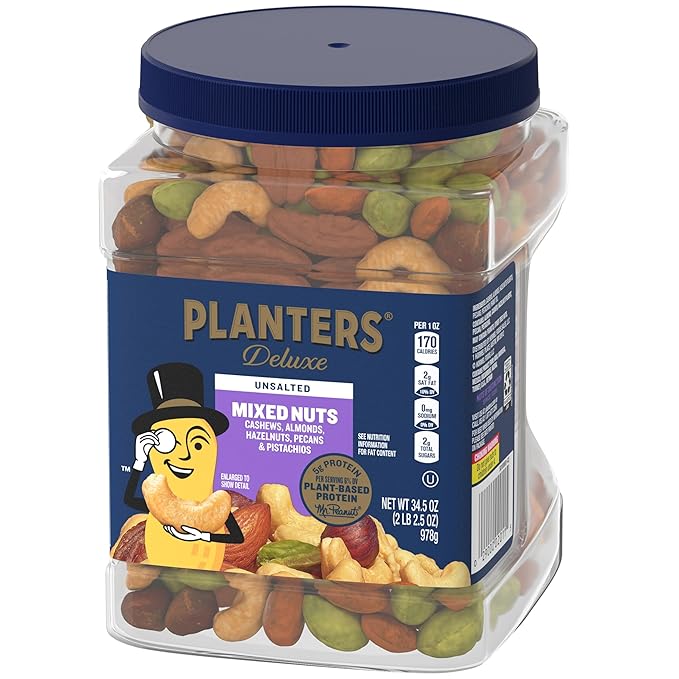 PLANTERS Unsalted Premium Nuts 34.5 oz Resealable Container- Contains Roasted California Pistachios Cashews Almonds Hazelnuts &amp Pecans - No Artificial Flavors or Colors
