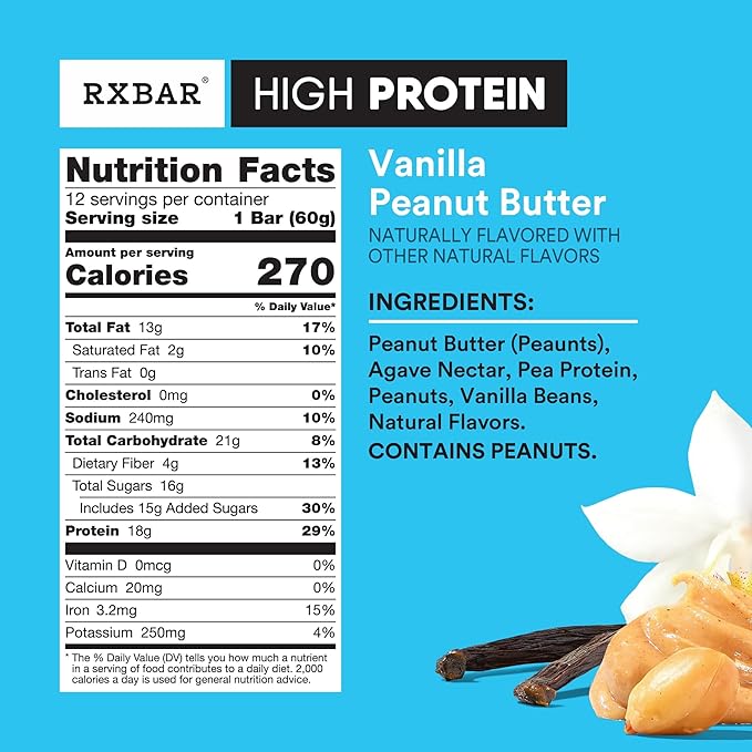 RXBAR High Protein Bars Gluten Free Protein Snacks Vanilla Peanut Butter 25.3oz Box (12 Bars)