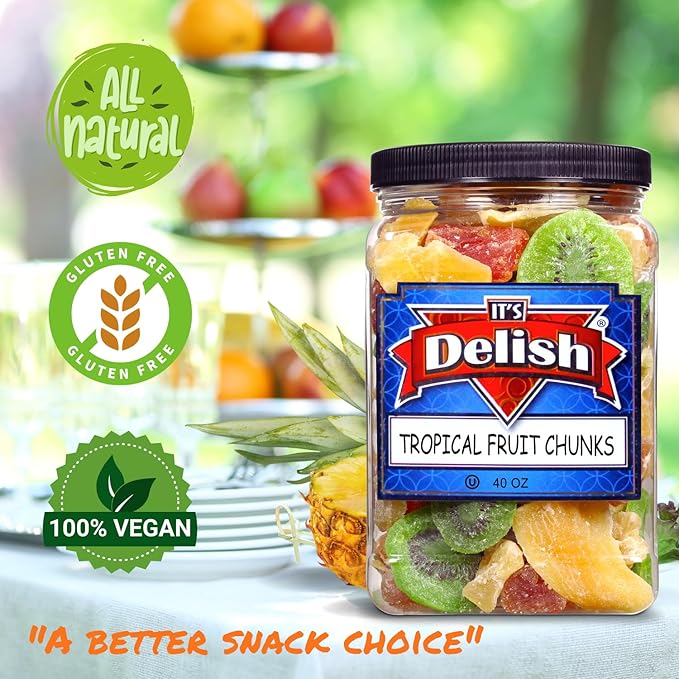 Tropical Dried Mixed Fruit Chunks - by Its Delish 40 OZ Jumbo Container | Healthy Snacks for Adults Kids | Fresh Snack Mix Dry Fruit | Pineapple Mango Papaya Kiwi Slices | Gluten Free Vegan Kosher