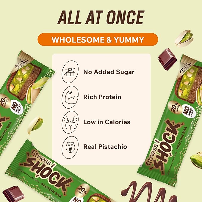 FitnesSHOCK Protein Bars – Pistachio &amp Dark Chocolate – Low Sugar Protein Snack (1g Total Sugar) – Dessert Alternative – 12 Count – 180 Calories – 12x50g