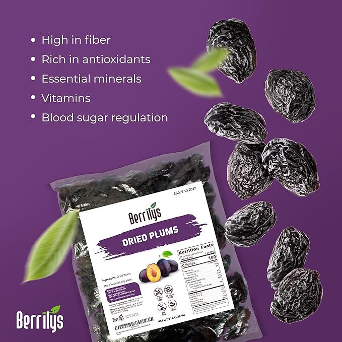Berrilys Premium Dried Plums 3 lb (48 oz) – Naturally Sweet &amp Juicy Pitted Prunes No Added Sugar Non-GMO Gluten-Free Rich in Fiber &amp Antioxidants – Perfect Healthy Snack &amp Baking Ingre
