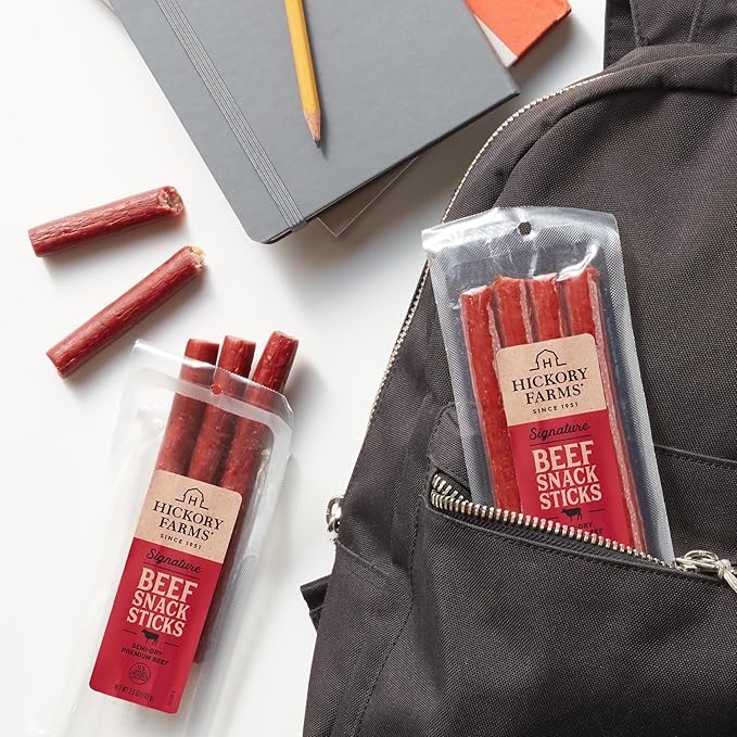 Hickory Farms Beef Sticks 6-Pack | High-protein snack gluten free meat sticks for snacking made with premium beef good for camping hiking lunch college care packages