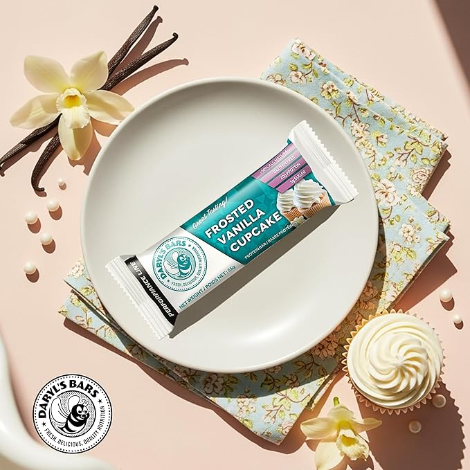 Daryl's Bars Frosted Vanilla Cupcake On the Go Whey Protein Bars Gluten Free 20gr of Protein Snack Meal Replacement Pack of 1