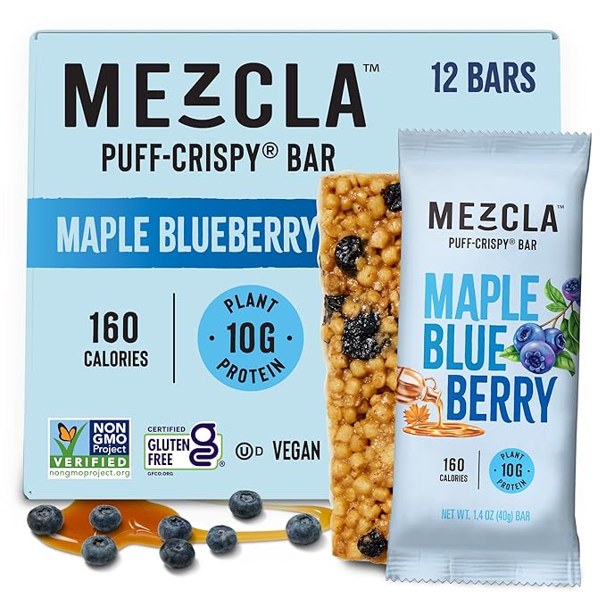 Mezcla Puff-Crispy Plant Based Protein Bars - Maple Blueberry - Healthy Snacks for Adults &amp Kids - Granola Bars for School Travel Office Snacks - Gluten Free Vegan Non GMO 10g Protein - 12 Co
