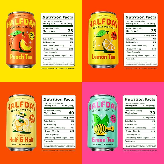 HALFDAY Prebiotic Iced Tea Lemon Peach Raspberry and Half &amp Half Variety Pack Gut Health Plant Fiber &amp Prebiotics 3-5g of Sugar 35 Calories Natural Caffeine Gluten Free Keto 12 fl oz