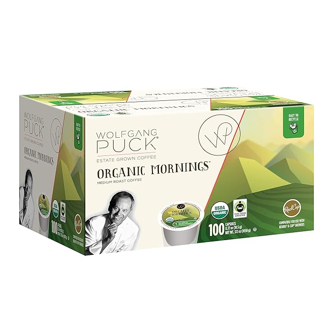 Wolfgang Puck Organic Mornings Fair Trade Organic Medium Roast Coffee Keurig K-Cup Brewer Compatible Pods 100 Count (Pack of 1)