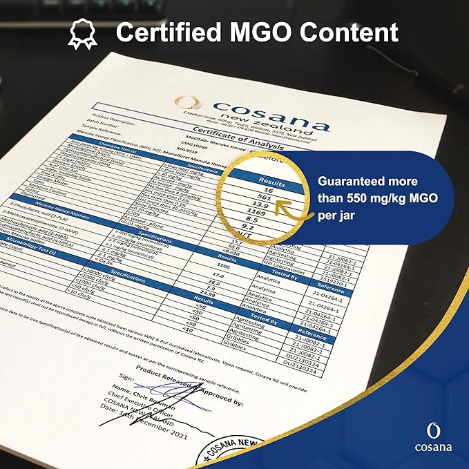 Cosana Manuka Honey 550 MGO + 250g – 100% Pure - Bottled sealed and certified in New Zealand