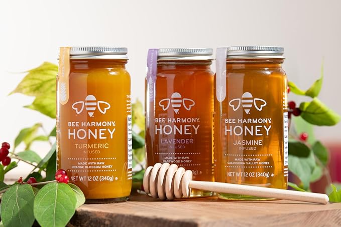 Bee Harmony Floral Infused Raw Honey Variety Pack (Lavender Jasmine and Turmeric) 12 OZ each
