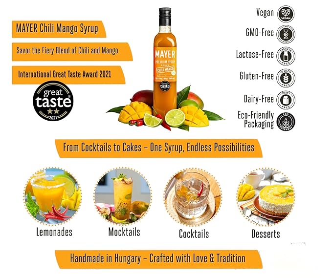 Mayer Premium Chili Mango Syrup – Award-Winning Organic Fruit Syrup Crafted with 100% Real Fruits All Natural Vegan Gluten-Free – Ideal for Cocktails Coffee Desserts Cocktails (16.9 oz)
