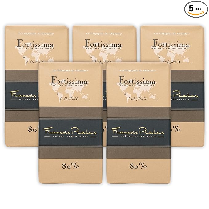 François Pralus Fortissima 80% Dark Chocolate 5 Pack - French Chocolate - Bean-to-Bar Direct Trade - Vegan Gluten-Free Soy-Free - Bundle