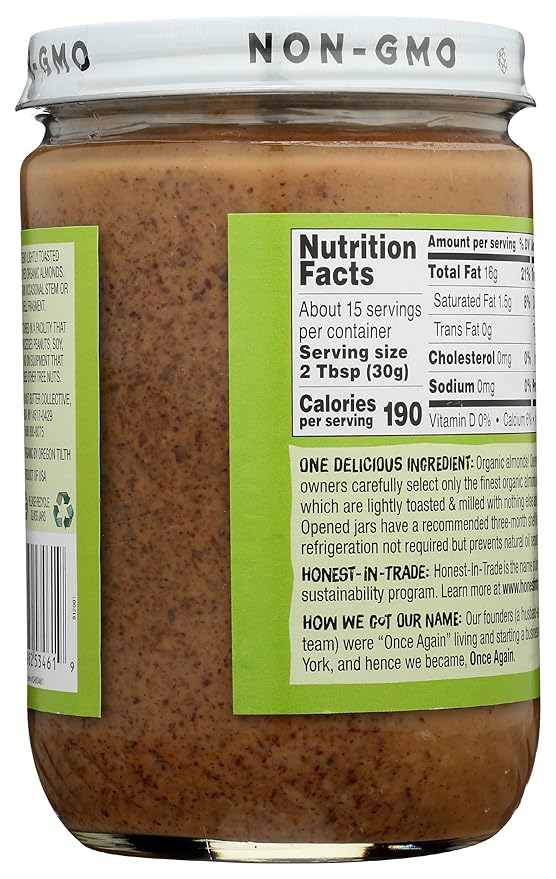 Once Again Creamy Organic Almond Butter No Sugar Lightly Toasted - Single Ingredient Nut Butter No Palm Oil No Salt - Glass Jar Non-GMO Gluten Free Vegan 16 oz Glass Jar