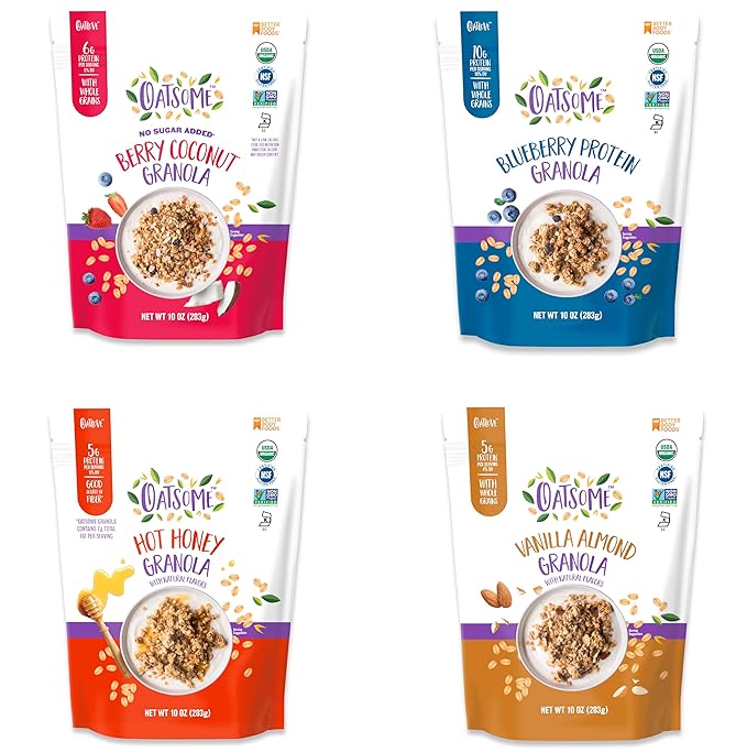 Oatsome Granola Variety Pack - Berry Coconut (6g Protein) Vanilla Almond (5g Protein) Blueberry (10g Protein) Hot Honey (5g Protein) - Gluten Free Organic Oats 10 Oz Bags