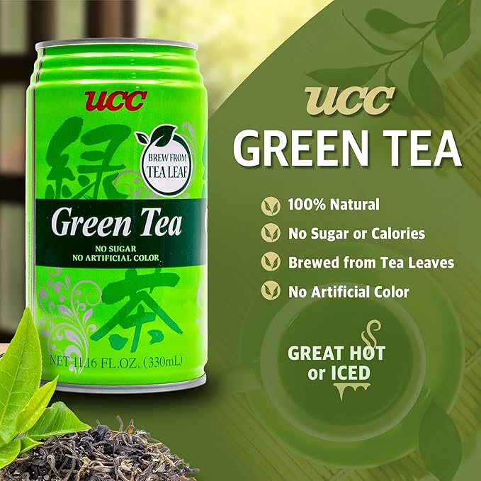 UCC Japanese Green Tea Drink 11.1-Ounce Cans Pack of 24 No Sugar No Artificial Flavors or Coloring Refreshing Canned Beverage Authentic Taste Perfect Healthy Drink