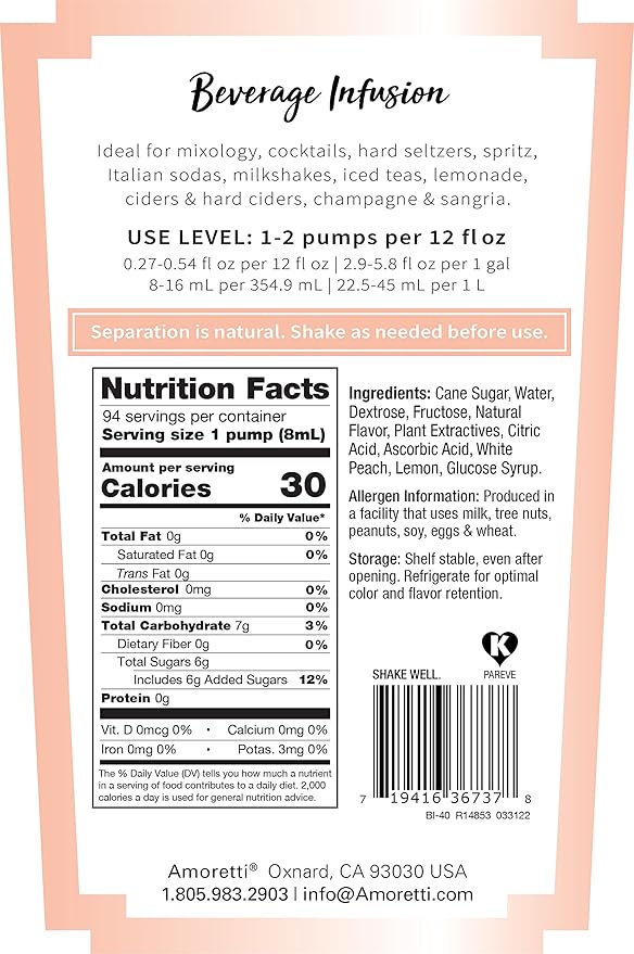 Amoretti - White Peach Lemonade Beverage Infusion Drink Mix &amp Water Enhancer with Pump for Flavoring Cocktails Waters Tea and other Beverages 94 Servings Per Bottle (750 ml) Preservative Free