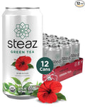 Steaz - Organic Green Tea - Hibiscus Flavored (12 Pack) - Antioxidant Brew - 30mg Natural Caffeine Vitamin C - Cane Sugar Sweetened Iced Tea - Vegan Fair Trade - 12 Cans 16 fl oz (473mL)