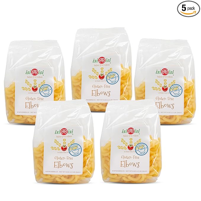 isiBisi Gluten-Free Elbow Pasta 5-Pack - Artisanal Corn and Rice Noodles - Non GMO Vegan Made in Italy (1/2-Pound)
