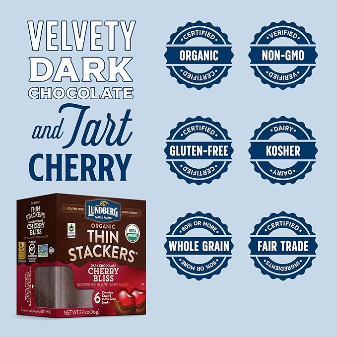 Lundberg Organic Chocolate Thin Stackers Cherry Bliss 3.4 oz (6 Count) Gluten-Free Whole Grain Kosher Dairy USDA Organic Non-GMO Project Verified Fair Trade Certified Ingredients