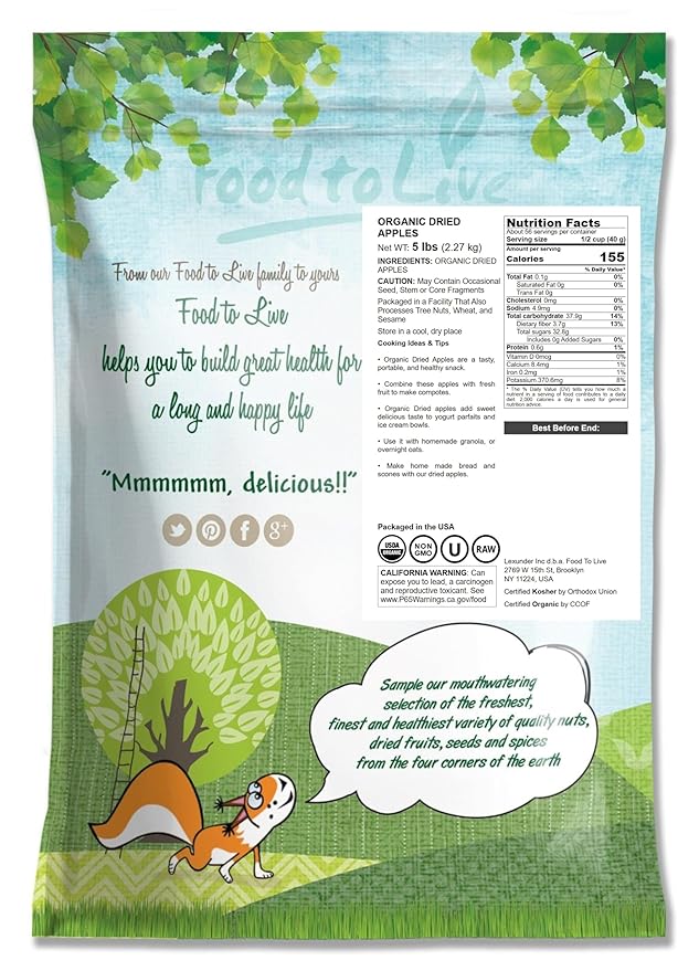Food to Live Organic Dried Apple Rings 5 Pounds — Non-GMO Kosher Raw Vegan Unsulfured Sirtfood Bulk