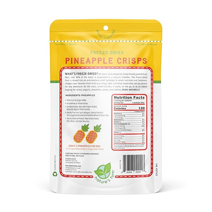Nature’s Turn Freeze-Dried Pineapple Crisps – Healthy Gluten-Free Crispy &amp Delicious Plant-Based Snack Ideal for Cereal Smoothies School Lunches &amp On-the-Go Bags of 2 (1.2 oz Each)