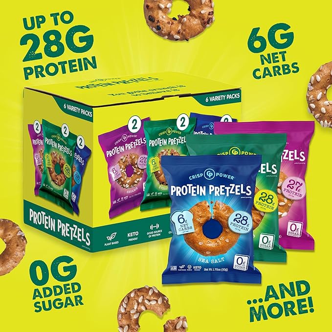 CRISP POWER Protein Pretzels Variety Pack With Sea Salt Sesame &amp Everything Up To 28G Protein High Protein Snack High Fiber Low Carb Crunchy Pretzel Snacks No Added Sugar 1.75 oz Bags 24