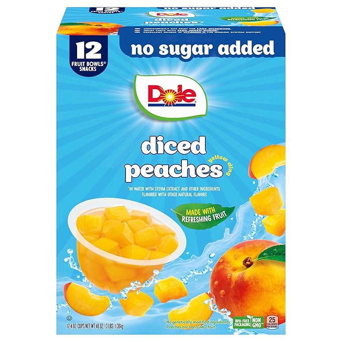 Dole Diced Peaches No Sugar Added - Dole Fruit Bowls Snacks - 4 oz Fruit Bowls - 12 Pack