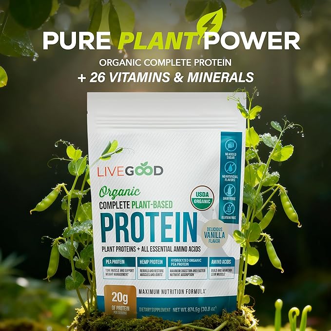 LIVEGOOD Complete Plant Based Protein Powder with Organic Pea Protein and Essential Amino Acids for Muscle Support Recovery Energy and Daily Nutrition Vanilla Protein Supplement (30 Servings)