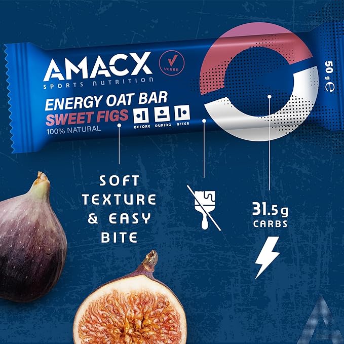 AMACX Energy Oat Bar for Endurance Sports – 12 x 50g – Energy Bars Carbohydrate mix (31g) – Vegan Protein Bar with 50mg magnesium – Running &amp Hiking Snacks – Healthy Oatmeal Power Bars - Sweet Fig