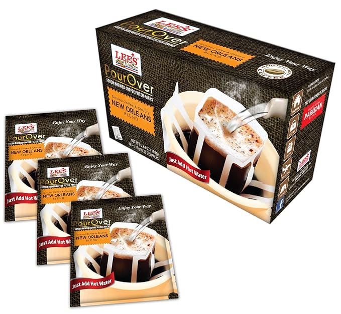 Lee's Coffee Pourover Fresh Ground Filter Packs New Orleans Blend  18 Count -Packaging may vary