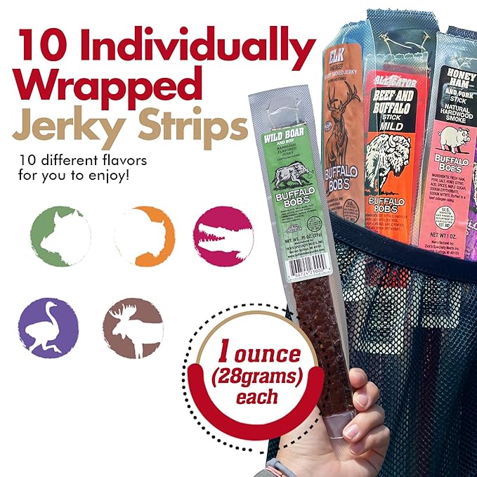 Jerky-n-Spice Exotic Jerky Variety Pack (10 Count) | Beef Jerky Gifts for Men | Assorted High Protein Meat Snacks | Premium Gourmet Wild Game Sampler | Ideal for Birthday Road Trip &amp Camping