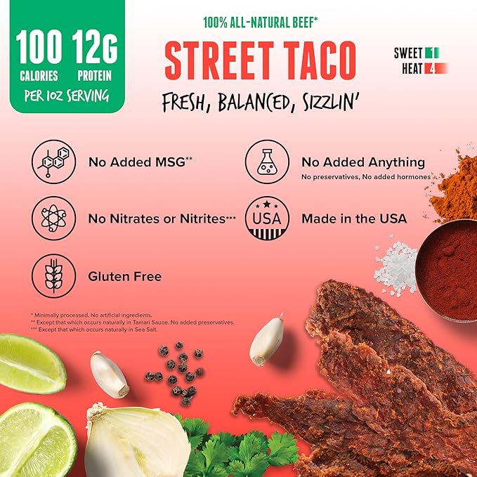 Baja Vida Street Taco Beef Jerky - Sweet and Spicy Beef Jerky Snack Packs Healthy Jerky Gluten-Free All-Natural Beef No MSG Made in the USA - 2.5 Oz Bags (Pack of 3)