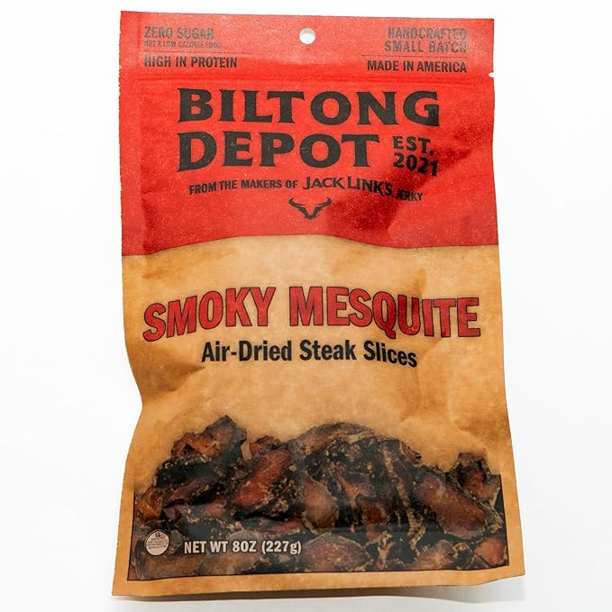 Biltong Depot Smoky Mesquite Biltong Slices - 8oz | Air-Dried Beef Jerky Snack | High Protein | Paleo &amp Keto Friendly | Zero Sugar | Gluten Free | No Artificial Preservatives | No MSG