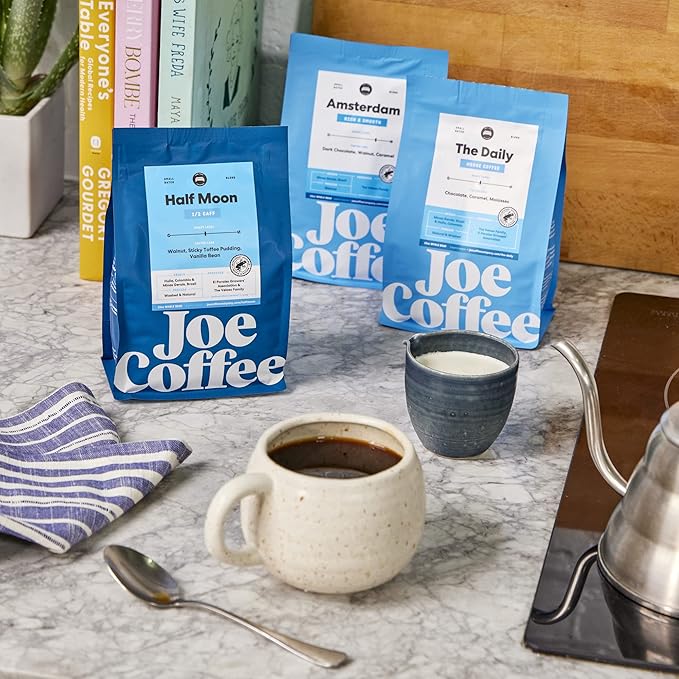 Joe Coffee Company (NYC Roaster) Half Moon Half Caffeinated Ground Specialty Coffee 12 oz Bag Rainforest Alliance Certified Kosher Climate Friendly