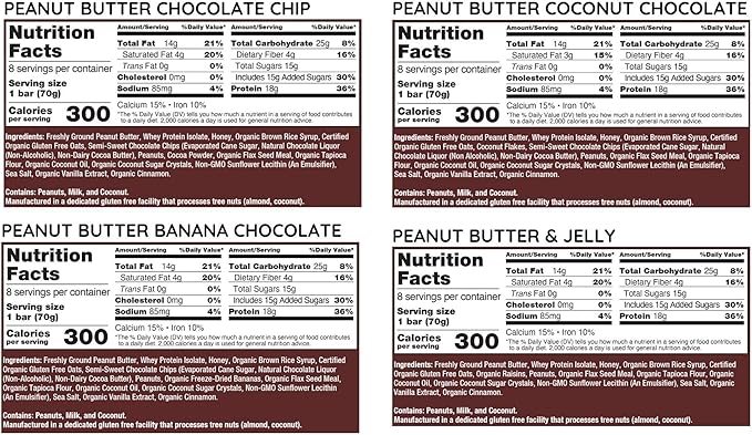G2G Protein Bar PB Lovers 4-Pack 1 Box Each PB Choc Chip PB Coconut PB Banana PB &amp J Healthy Snack Delicious Meal Replacement Gluten-Free Refrigerated for Freshness 32 Count (4 Packs of
